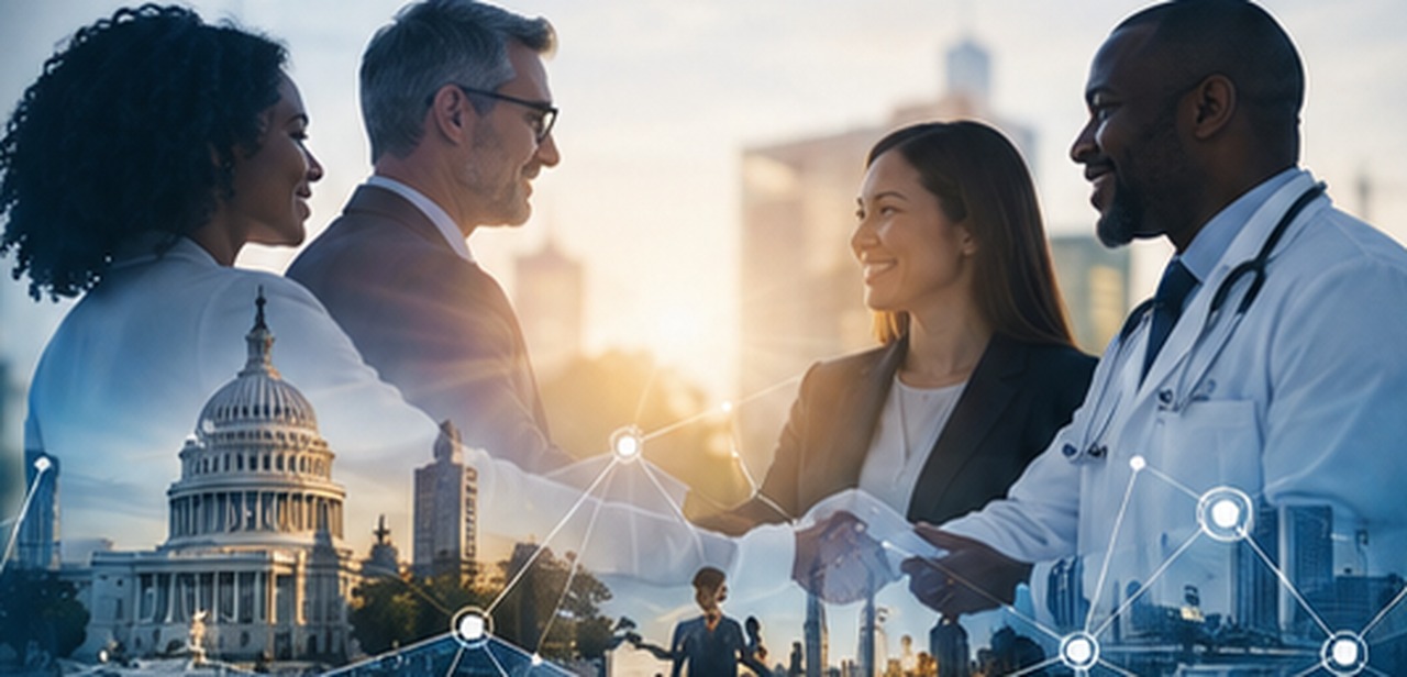 Professionals collaborating across business, healthcare, and technical disciplines